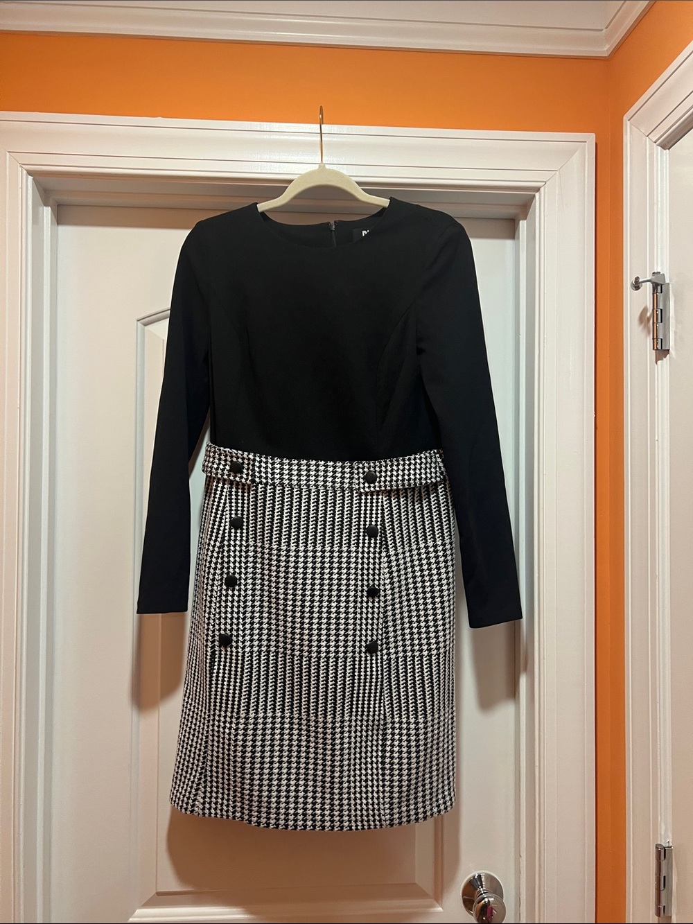 DKNY Black Top with Black & White Houndstooth Skirt Long-Sleeve Dress